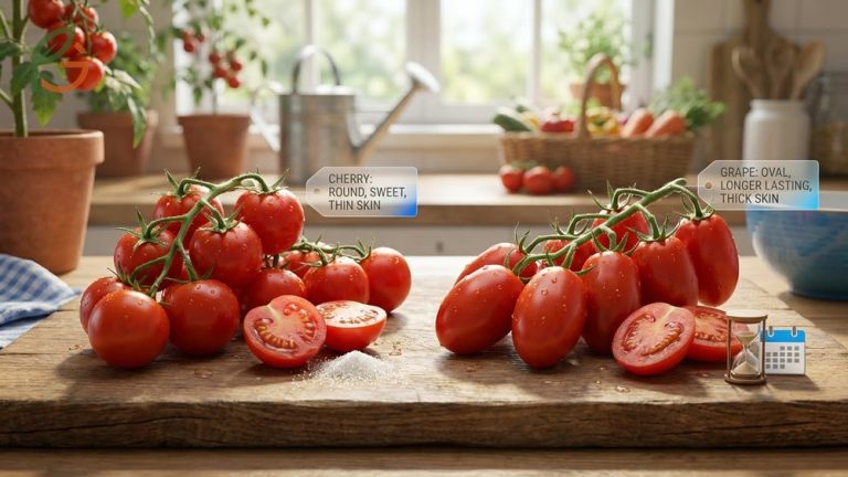 Cherry tomatoes vs grape tomatoes showing round shapes with thinner skins compared to oval shapes with thicker skins.