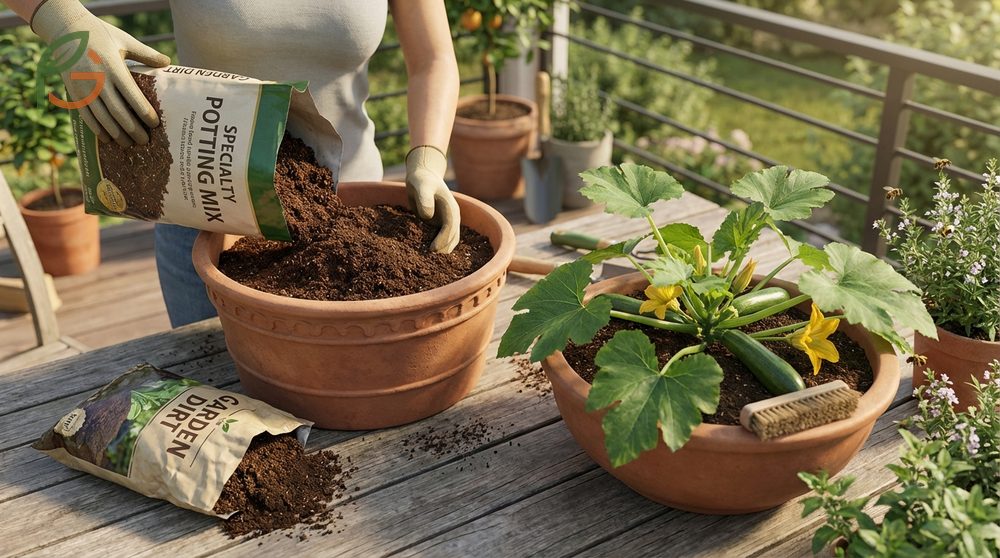 Container zucchini growing tips for soil mix with thirty percent compost and hand pollination.
