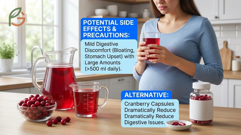 Potential side effects of cranberry juice during pregnancy include mild digestive upset in 23 percent of women.
