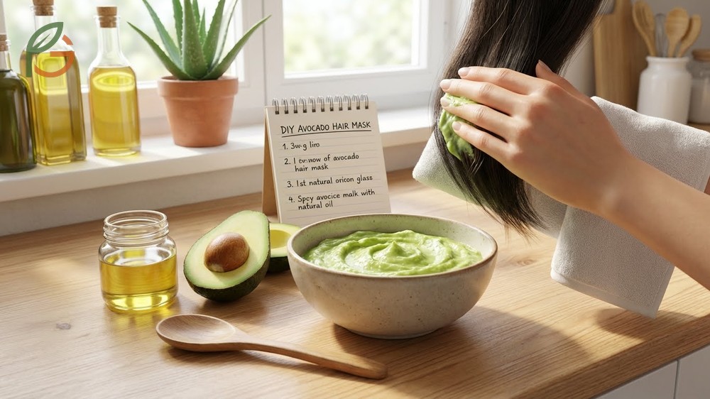 DIY avocado hair mask benefits providing 15 percent DV pantothenic acid and healthy fats for scalp hydration.
