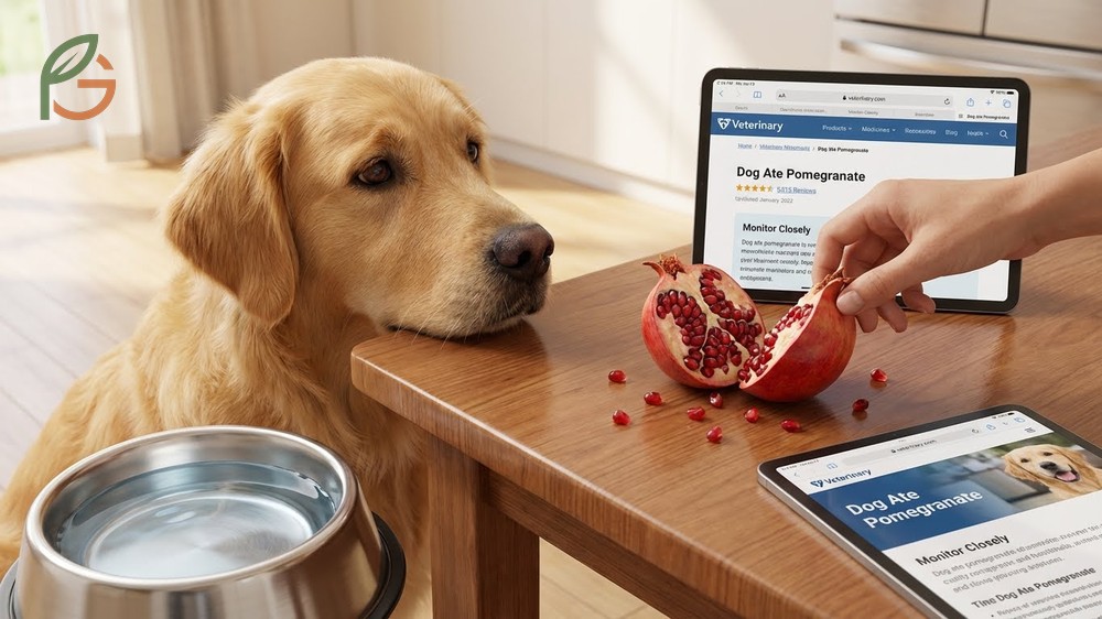 Dog ate pomegranate what to do steps including monitoring for symptoms and contacting a vet.