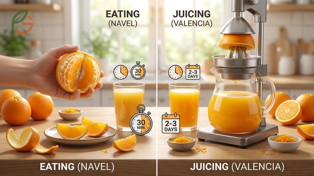 Eating vs juicing oranges analysis shows Valencias produce three times more juice than Navels of the same size.