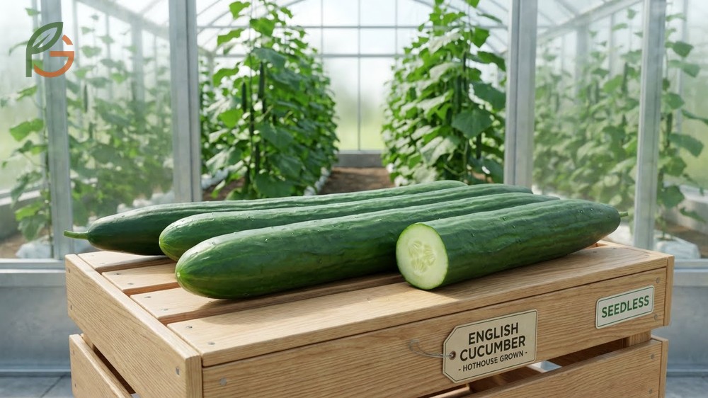 Long slender English cucumbers wrapped in plastic showing their seedless interior and thin skin that requires no peeling.