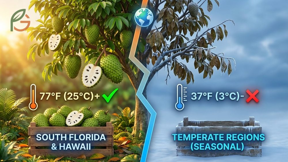 Fresh soursop availability explaining temperature needs above 77F and peak seasons in spring through late fall.