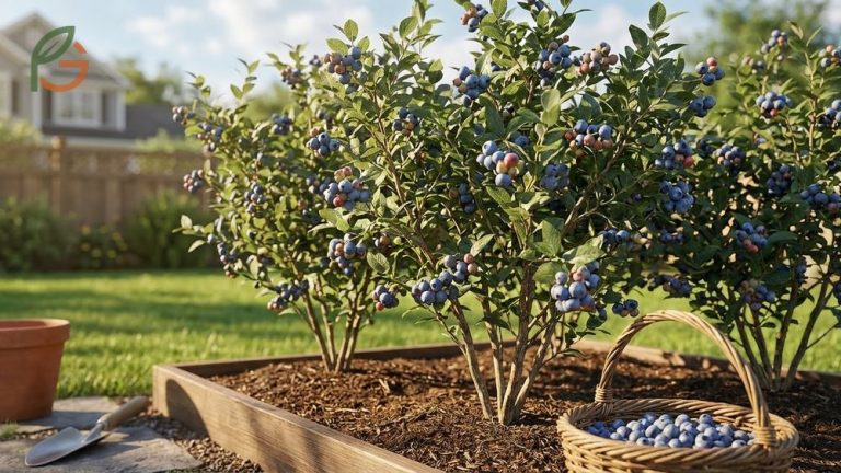 High bush blueberry plants grow 6-12 feet tall and produce sweet berries suitable for home gardens.