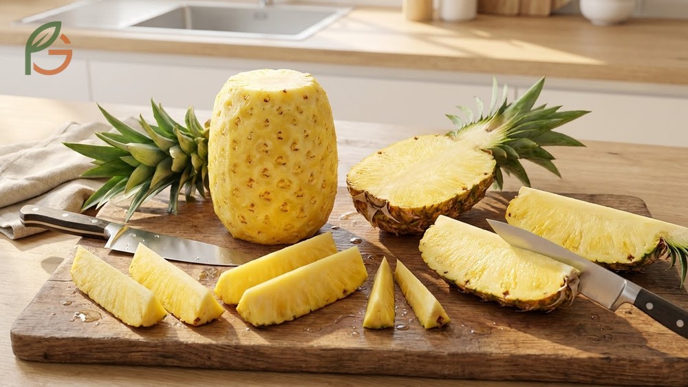 How to cut a pineapple into spears by slicing lengthwise and removing the triangular core sections.