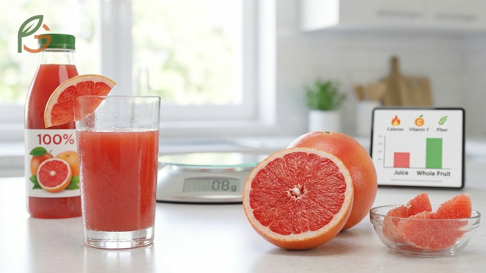 One cup of grapefruit juice contains 96 calories but only 0.7g fiber compared to higher fiber in whole fruit.