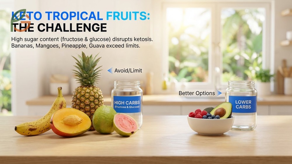 Keto tropical fruits comparison showing star fruit has 3.5g net carbs unlike high carb mangoes.