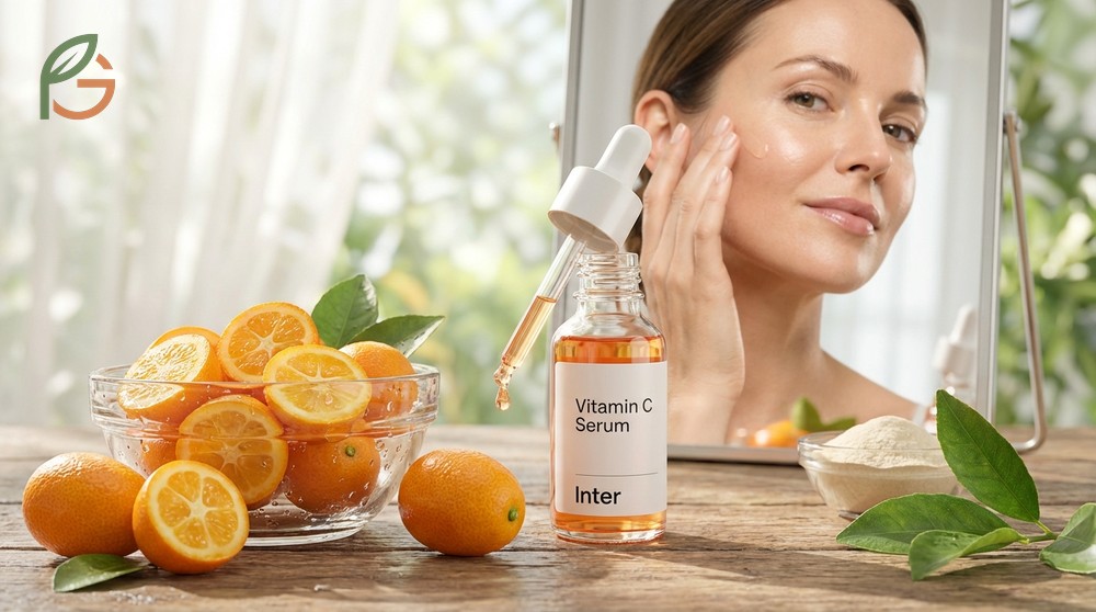 Kumquat benefits for skin demonstrated by vitamin C stimulating collagen production for a radiant complexion.