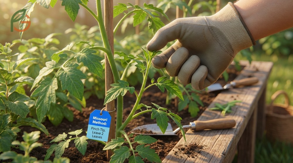 Missouri pruning method involves pinching the tip of large suckers to leave two leaves for photosynthesis.
