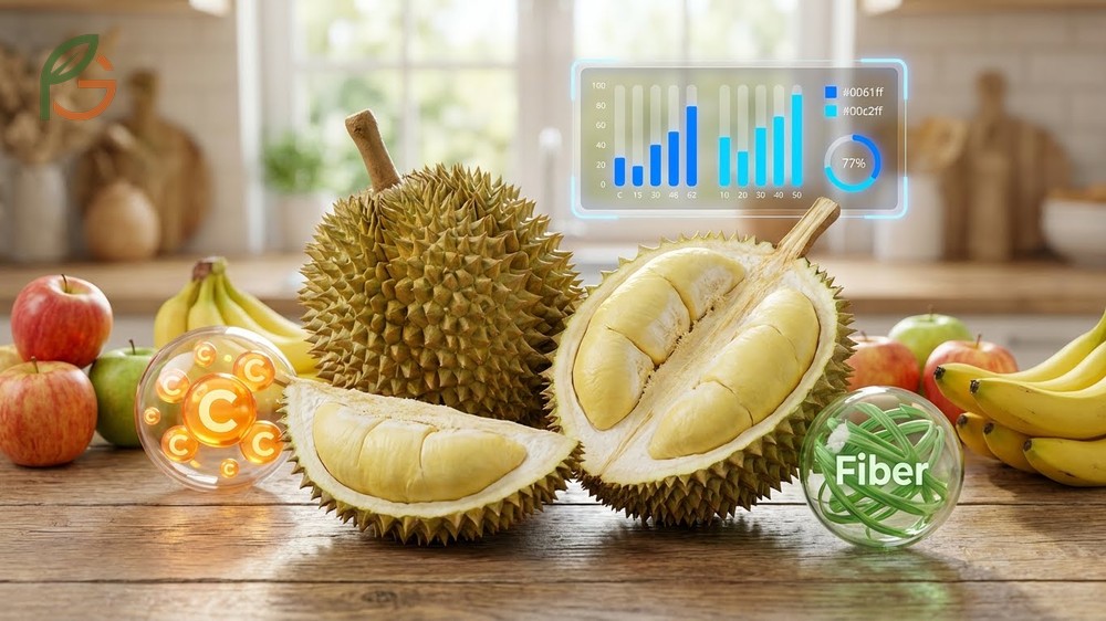 Nutritional value of durian fruit highlights 19.7mg of vitamin C and 3.8g of fiber per 100g serving.