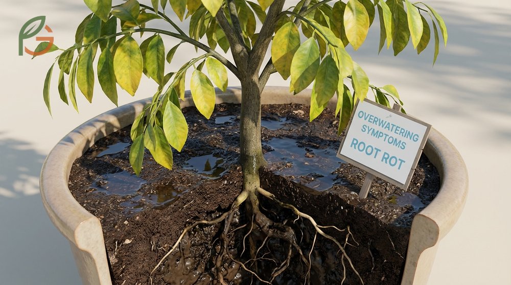 Overwatering lime tree symptoms showing root rot signs and random leaf yellowing due to oxygen deprivation.
