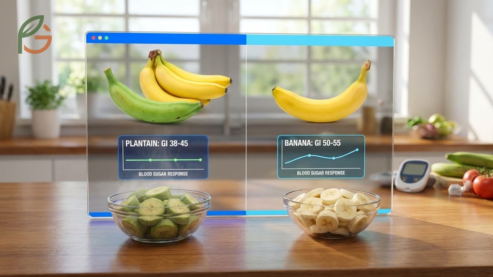 Plantain vs banana nutrition chart comparing glycemic index and sustained energy release.