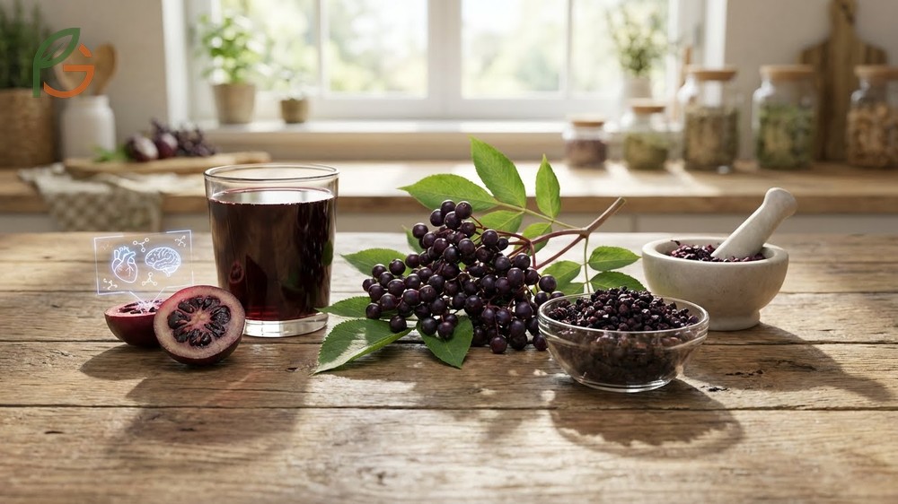 Health benefits of elderberry including respiratory relief and heart health support from anthocyanins.