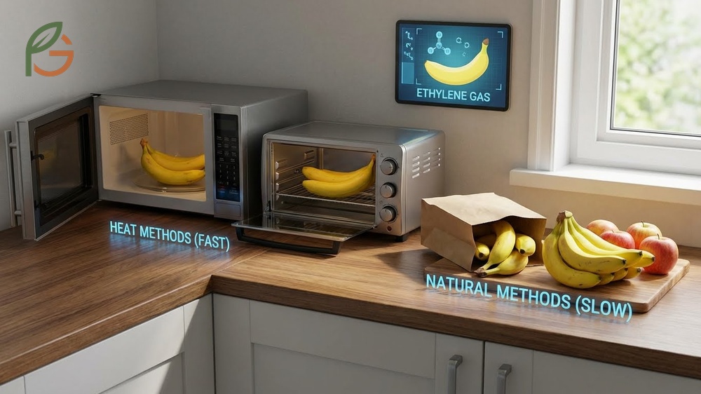 How to ripen bananas quickly by manipulating ethylene gas concentration and temperature for sweetness.