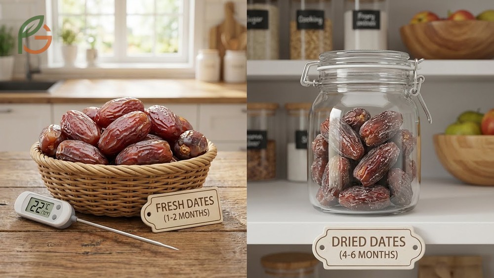Shelf life differences between date types show dried dates last 4 to 6 months in pantries while fresh dates need refrigeration.