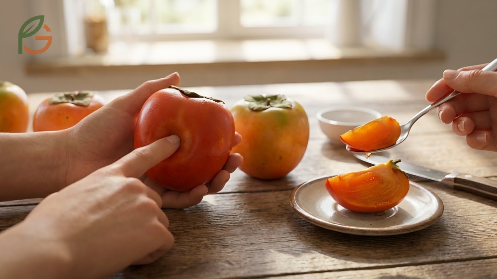How to tell if a persimmon is ripe by checking for deep orange color and a texture that yields to gentle pressure.