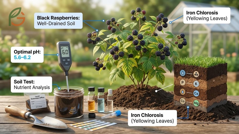 Soil requirements for berries showing optimal pH range of 5.6 to 6.2 to prevent nutrient deficiency problems.