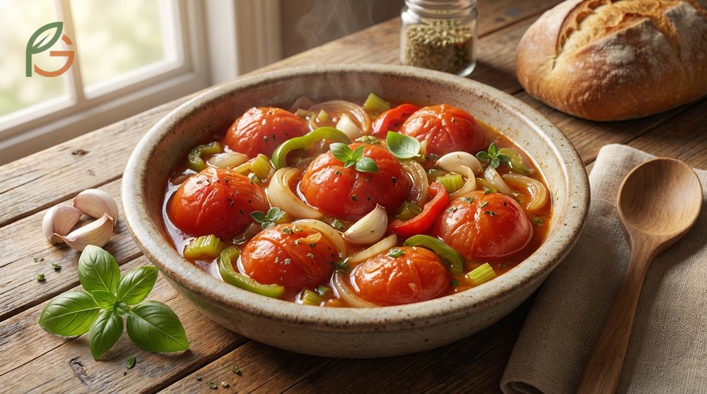 Stewed tomatoes displaying a chunky texture cooked with onions and peppers for hearty dishes.