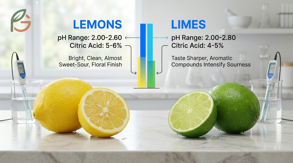 Lemons offer a bright floral tartness whereas limes deliver a sharper and more bitter acidic flavor.