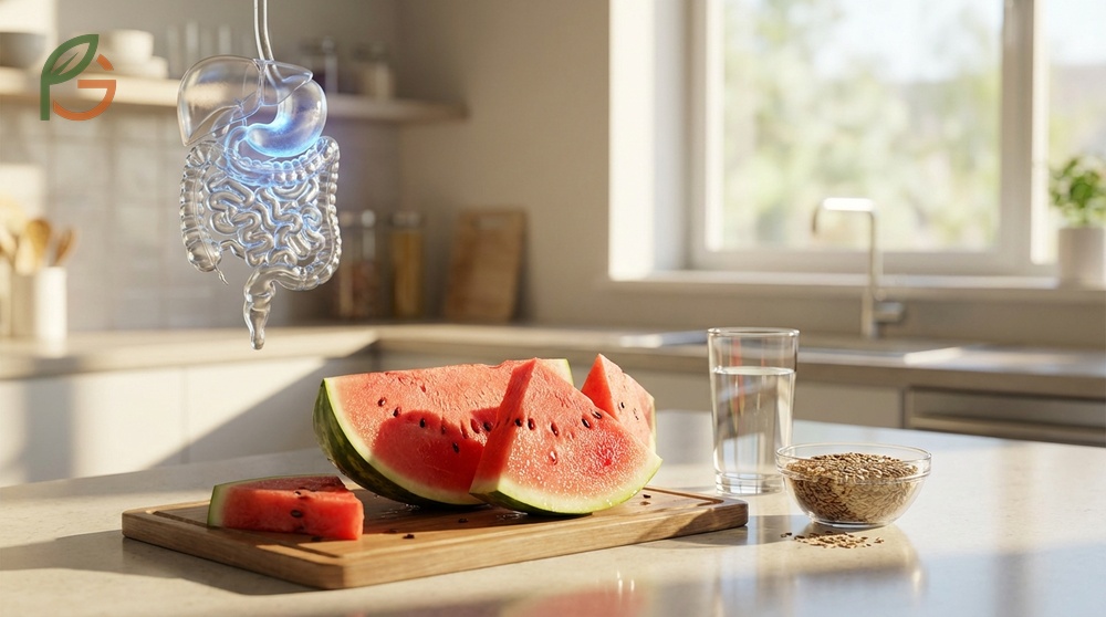 Watermelon aids digestion with 92 percent water content and 0.6g fiber to prevent constipation effectively.
