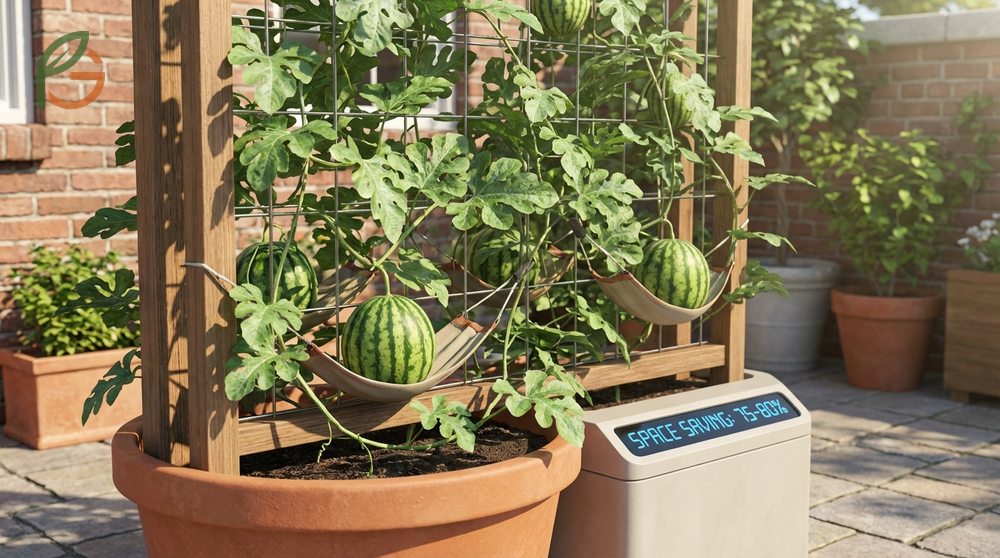 Watermelon plant on trellis systems saves vertical space using cattle panels rated for 20 to 30 pounds per plant.