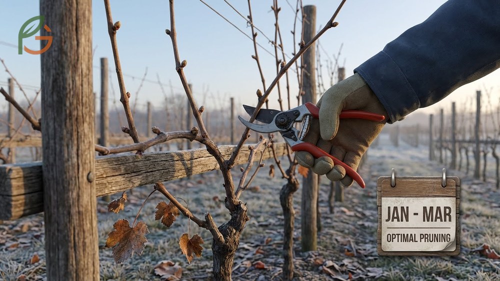 When to prune grape vines typically between late January and March to avoid frost damage and sap bleeding.