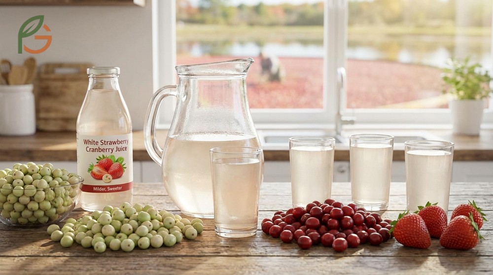 White cranberries harvested early to produce a milder juice with less tartness than red cranberries.