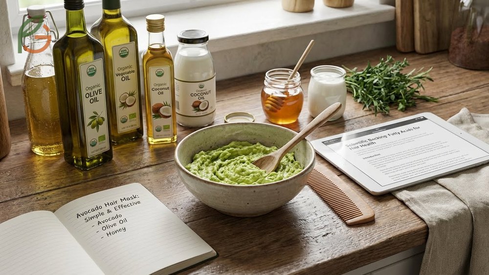 Avocado hair mask recipes combining ripe fruit with coconut oil or aloe vera for deep conditioning.