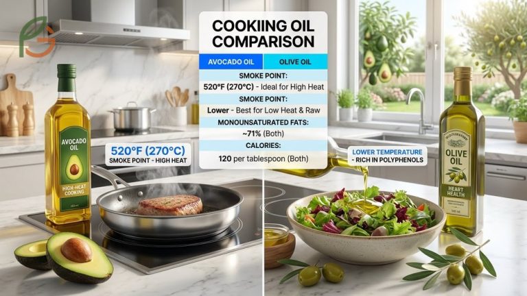 Avocado oil withstands heat up to 520 degrees Fahrenheit while olive oil offers more polyphenols for low heat cooking methods.