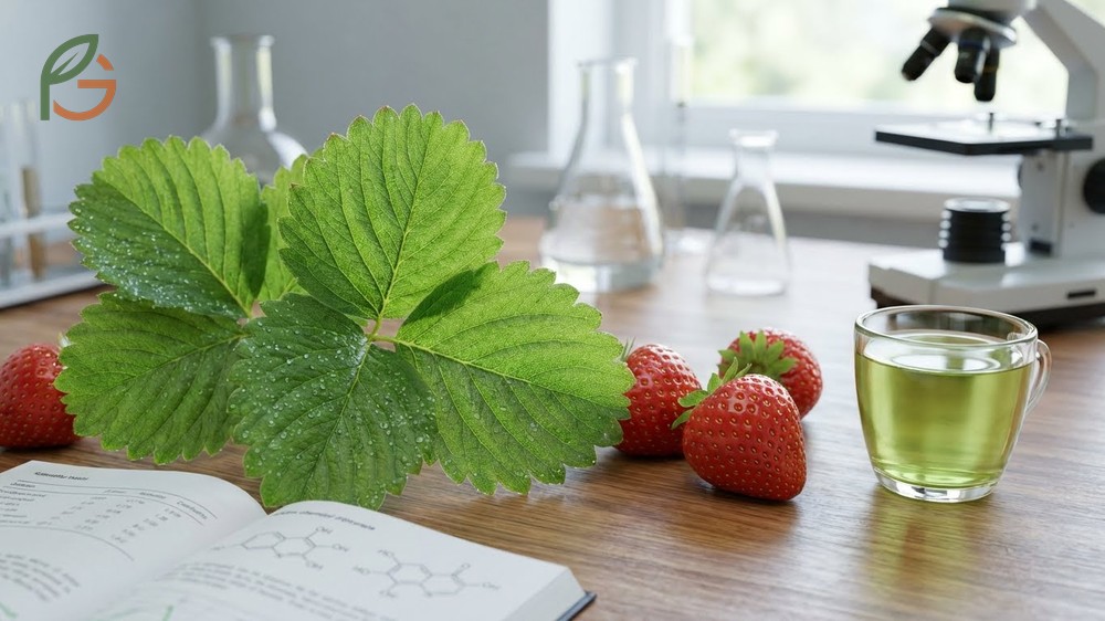 Close-up of nutrient-dense strawberry leaves containing high levels of vitamin C and polyphenols.