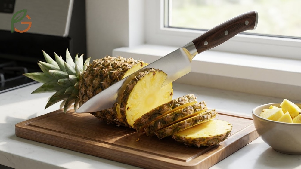 How to cut a pineapple requires a sharp chef knife or serrated blade to handle the tough skin.
