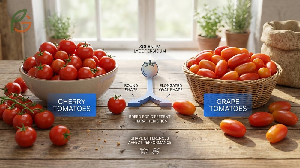 Cherry tomatoes vs grape tomatoes side by side illustrating the round shape versus the elongated oval grape shape.
