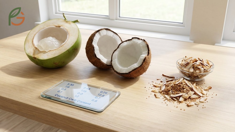 Coconut carb content breakdown comparing net carbs in fresh meat versus dried products for dieters.