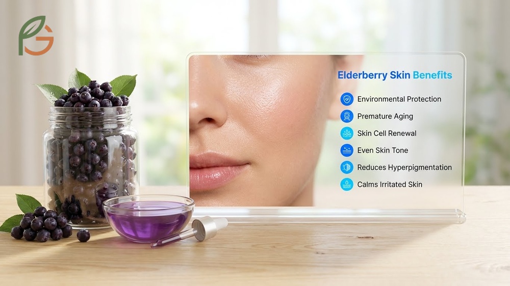 Elderberry benefits for skin showing antioxidant protection against environmental damage and aging signs.