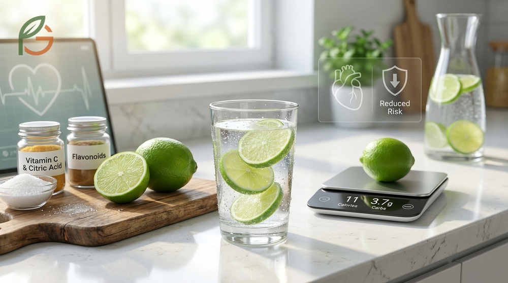 Benefits of lime water include providing 11 calories per fruit and antioxidants like flavonoids to protect cells.