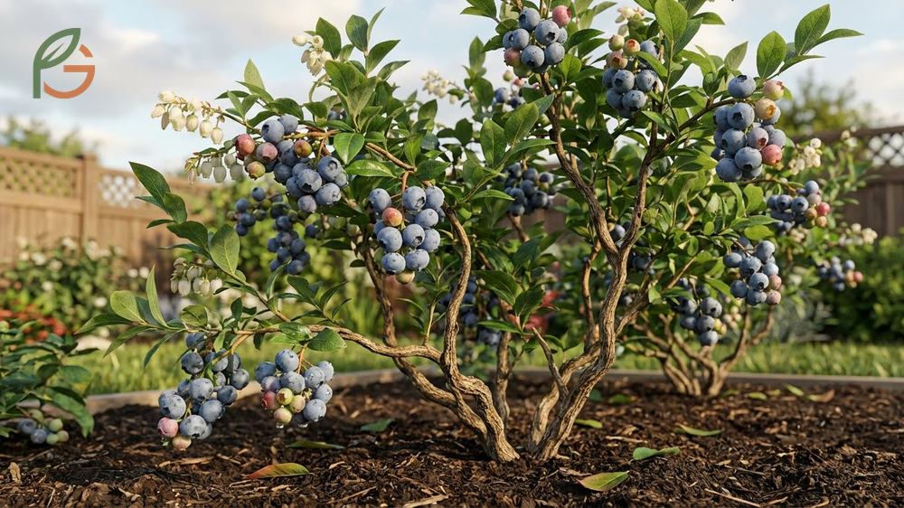 High bush blueberry plants feature white bell-shaped flowers and thrive in acidic soil conditions.