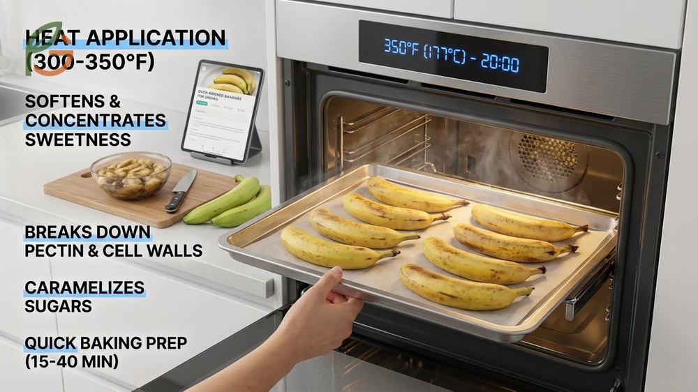 How to ripen bananas in oven at 300 degrees Fahrenheit to create soft fruit for baking banana bread.