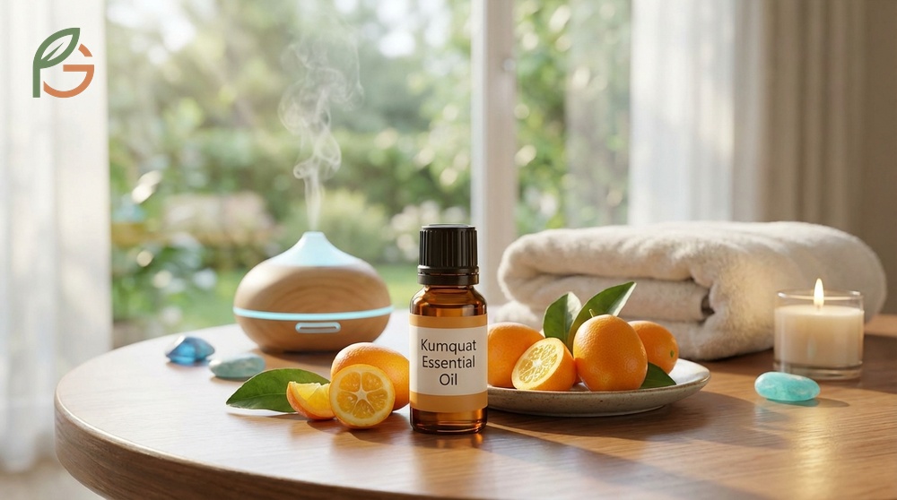 Kumquat essential oil benefits utilized in aromatherapy to reduce stress and promote relaxation.