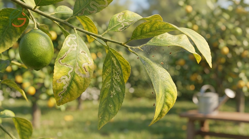 Lime tree leaves curling caused by citrus leaf miners and spider mites damaging foliage and reducing growth.