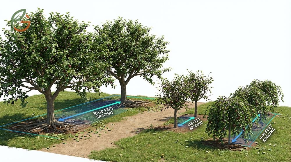 Mulberry tree spacing requirements suggest 20 to 30 feet between standard trees to prevent root competition.