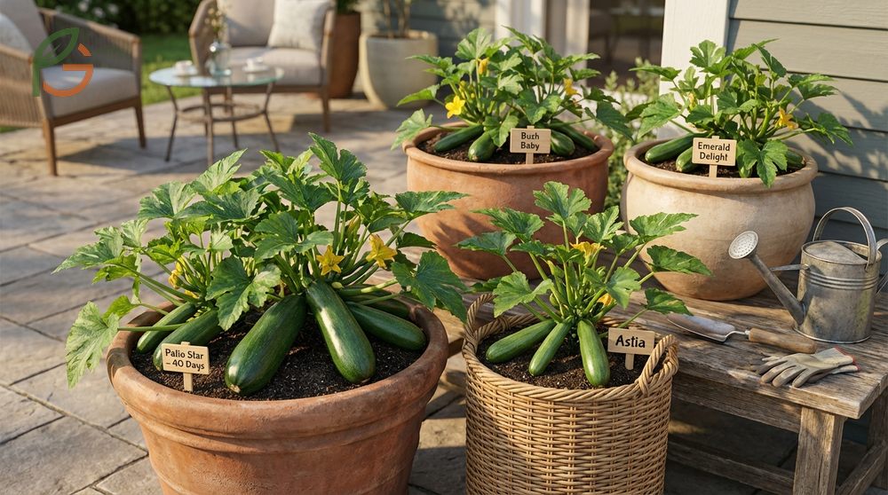 Patio zucchini growing success with compact varieties receiving six to eight hours of direct sun.