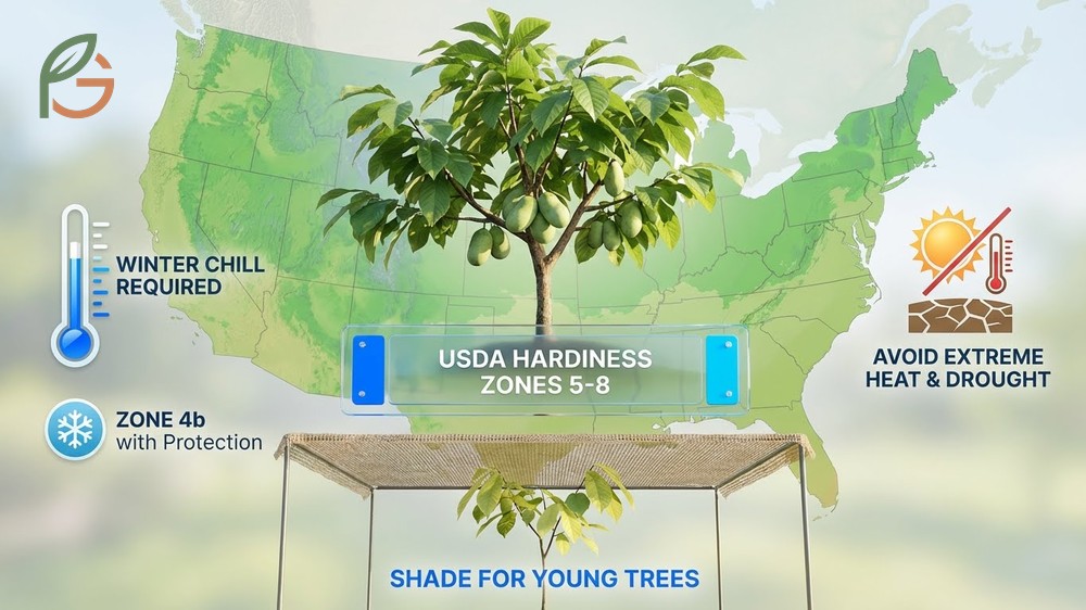 Paw paw tree zone map highlighting USDA hardiness zones 5 through 8 for optimal growth conditions.