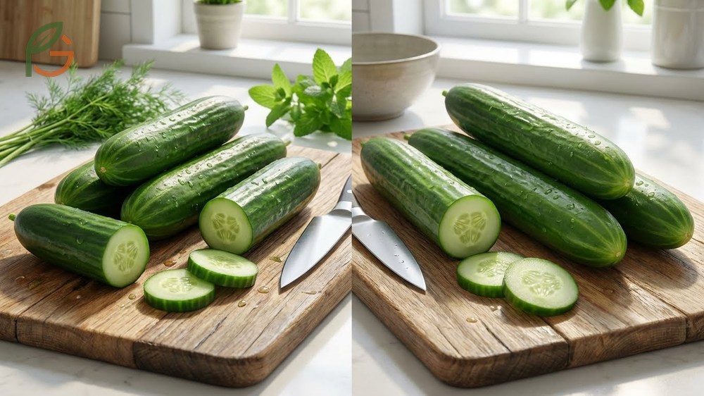 Side by side comparison of small Persian cucumbers and long English cucumbers showing size and texture differences.