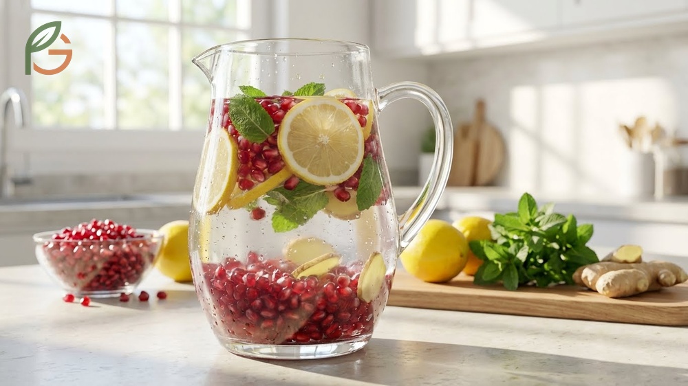 Pomegranate detox water recipe with lemon and mint for metabolism boost.
