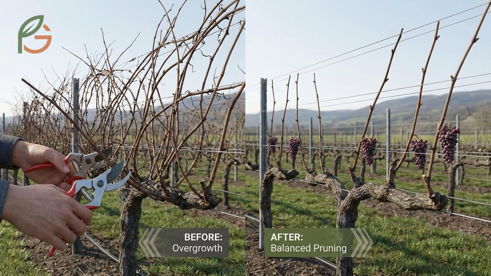 Pruning mature grape vines requires consistent annual maintenance to ensure productivity and manage overgrowth.