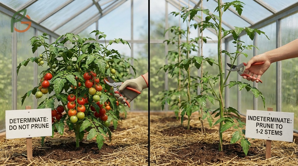 Pruning requirements vary significantly as indeterminate tomatoes need sucker removal while determinate plants should not be pruned.