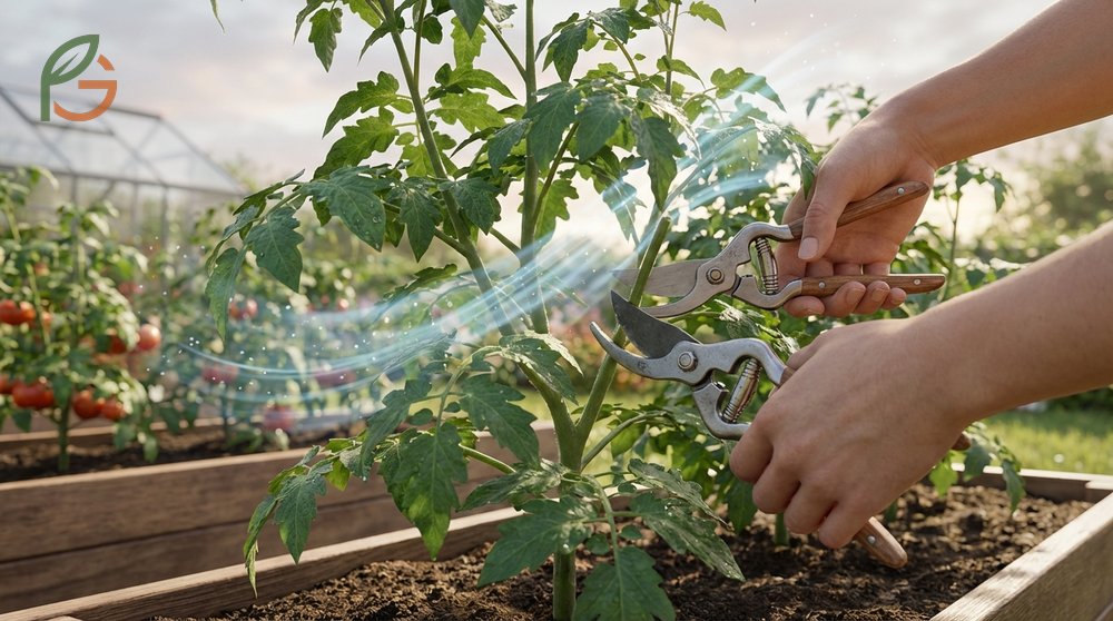 Pruning tomatoes for airflow by removing one third of center foliage reduces humidity and fungal disease.