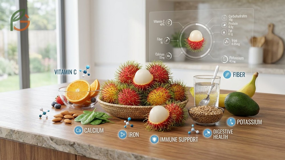 Rambutan nutrition facts highlighting 40 percent daily value of vitamin C and 16g carbohydrates per 100g serving.