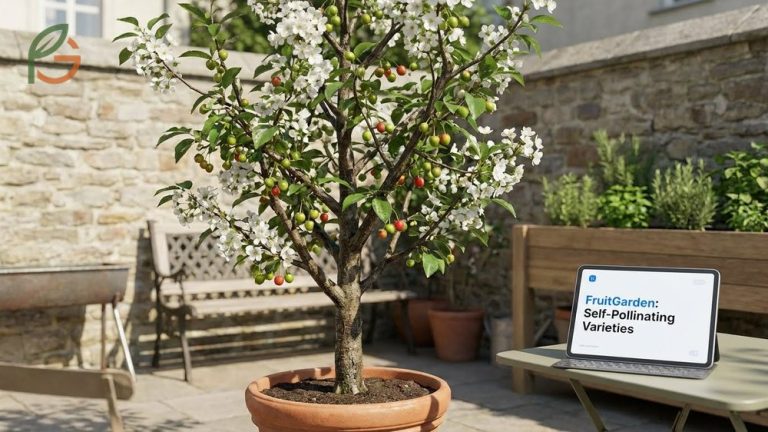 Self-pollinating cherry trees thriving in a compact garden space with abundant fruit production.